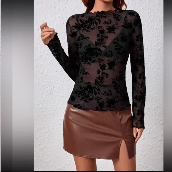 Black Floral Pattern Mesh Long Sleeve Fitted Sheer Shirt Stretchy - Picture 4 of 6